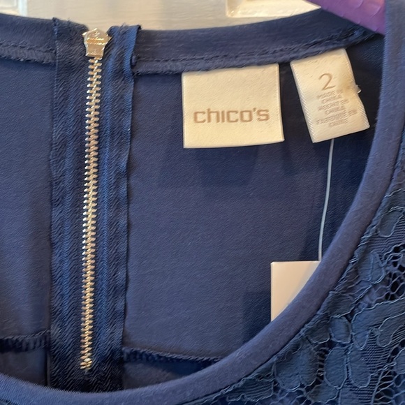 Chico’s Navy NWT Size 2, 12/14, Top, 3/4  Lace Sleeves.  Front Lace Overlay. - Picture 2 of 9